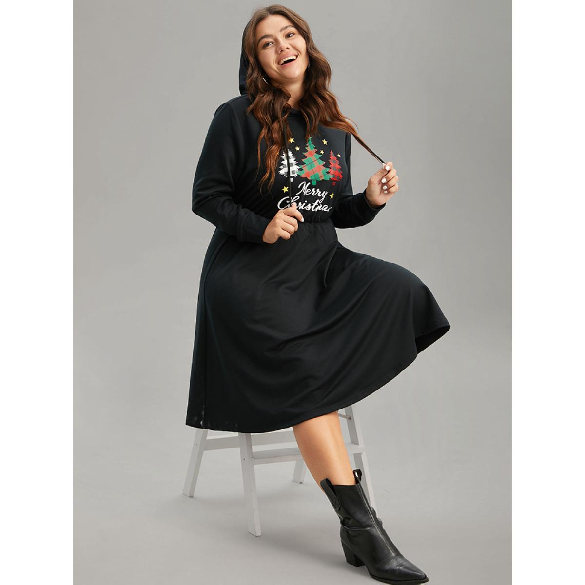 Plus Size Christmas Trees & Letter Hooded Drawstring Dress Black Women Casual Plain Curvy Midi Dress BloomChic 12/L Product Image