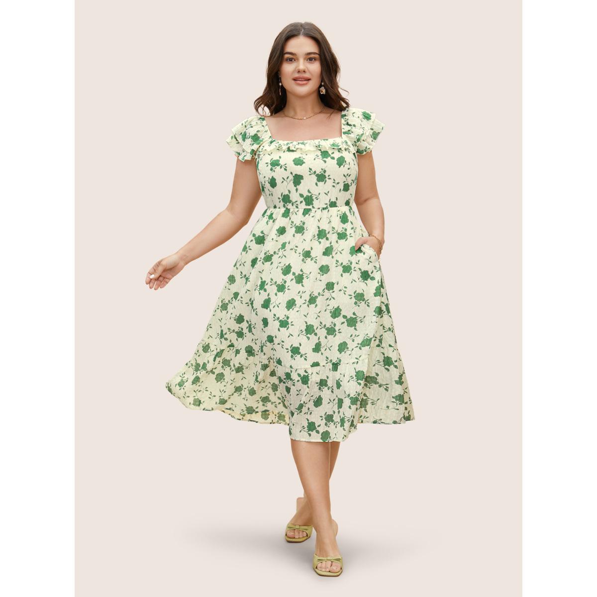 Plus Size Square Neck Floral Texture Ruffle Trim Dress Palemauve Women Elegant Texture Square Neck Cap Sleeve Curvy BloomChic 22-24/3X Product Image