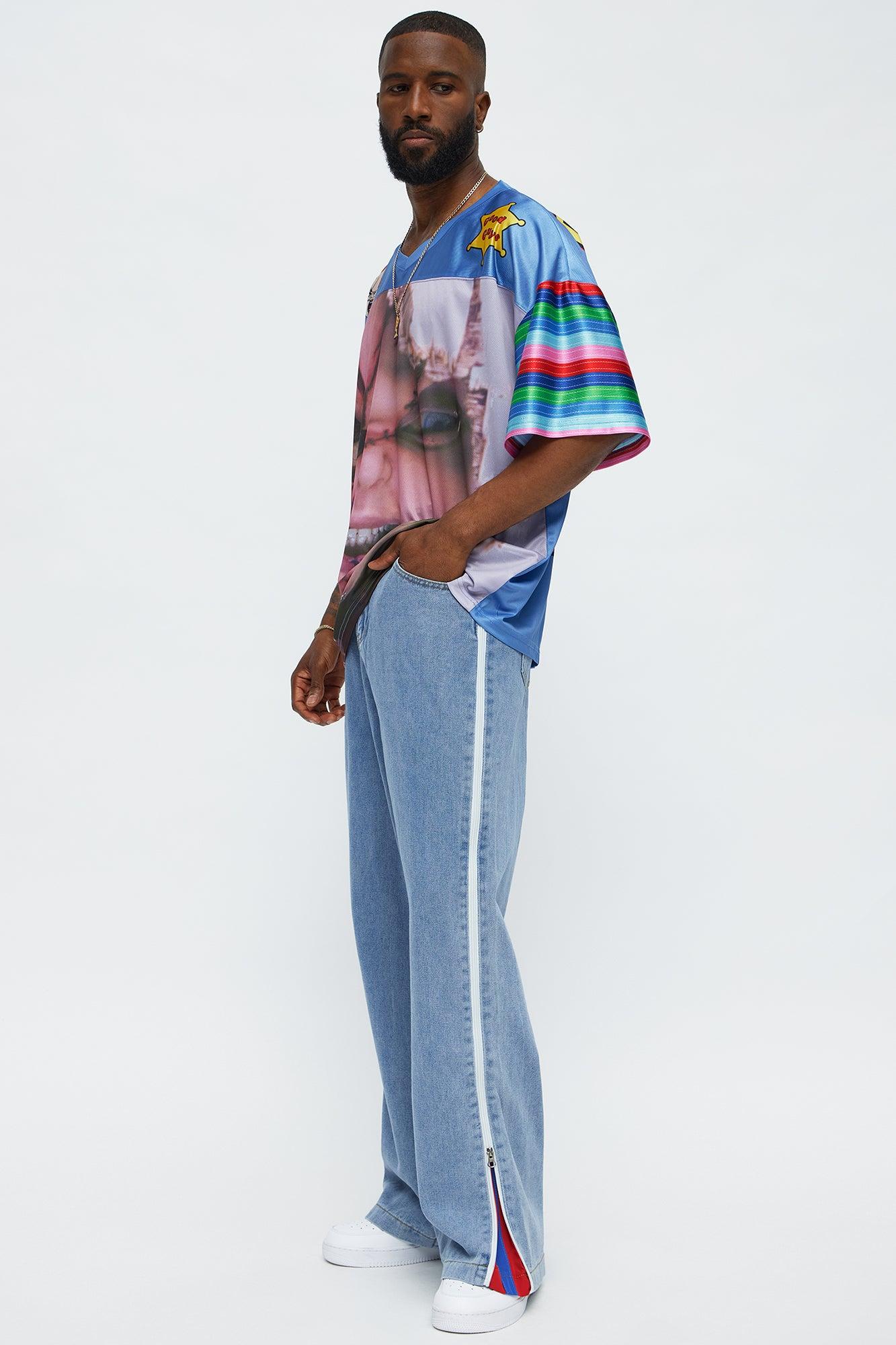 Baggy Side Stripe Zip Hit Jeans - Medium Blue Wash Male Product Image