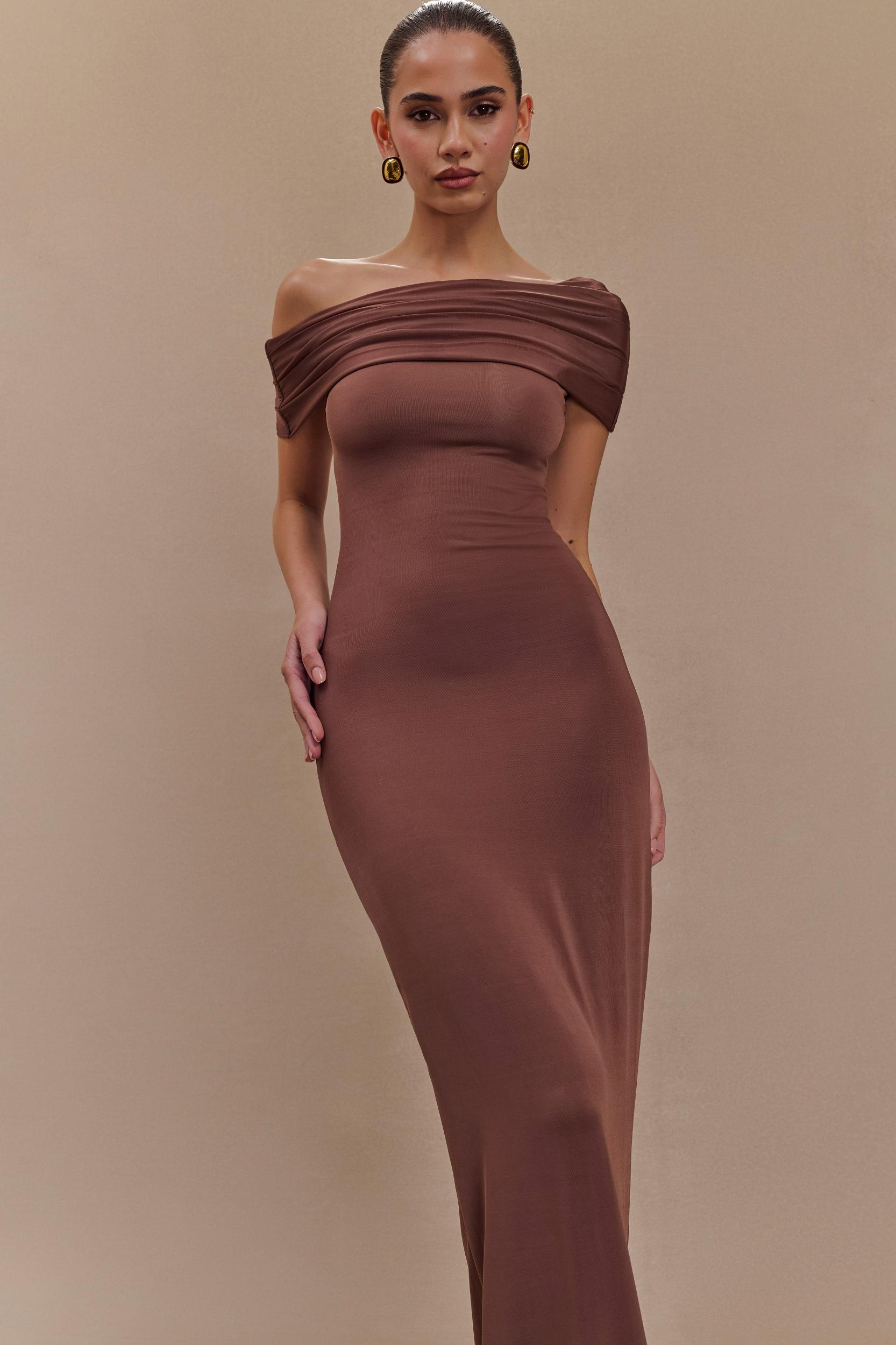 Cassandra Off Shoulder Slinky Maxi Dress - Chocolate Product Image