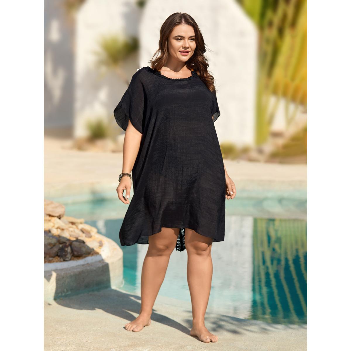 Plus Size Crochet Back Design Dolman Sleeve Swim Cover-Up Women's Swimwear Black Beach Loose Crochet Curve Swim Cover Ups BloomChic 26/4X Product Image