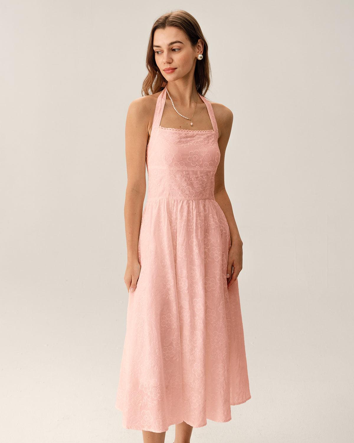 Pink Embroidery Halter Midi Dress Product Image