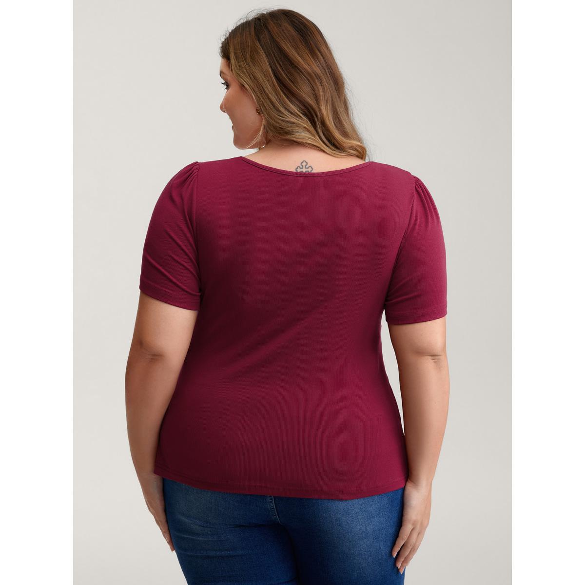 Plus Size Ruched Stretchy Fitted Solid T-Shirt Scarlet Women Timeless Texture Asymmetrical Neck Skinny Elegant T-shirts BloomChic 10/M Product Image