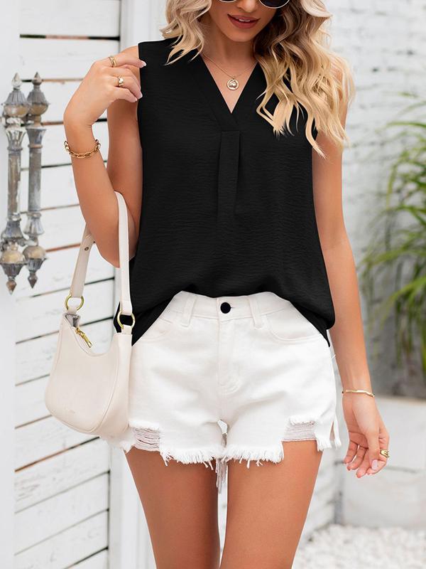 Loose Sleeveless Solid Color V-Neck Vest Top Product Image