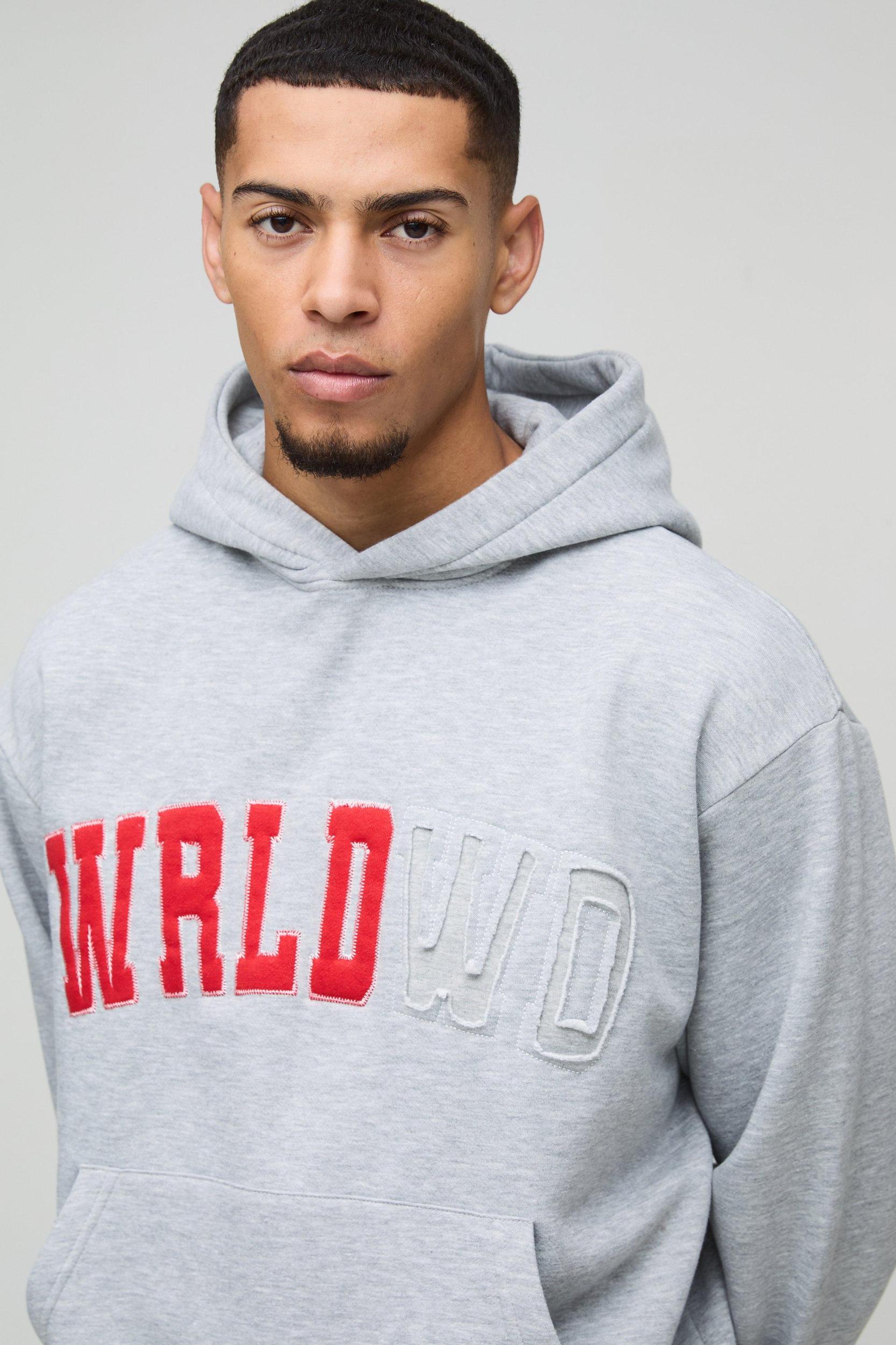 Oversized Boxy Worldwide Distressed Applique Hooded Tracksuit | boohooMAN USA Product Image