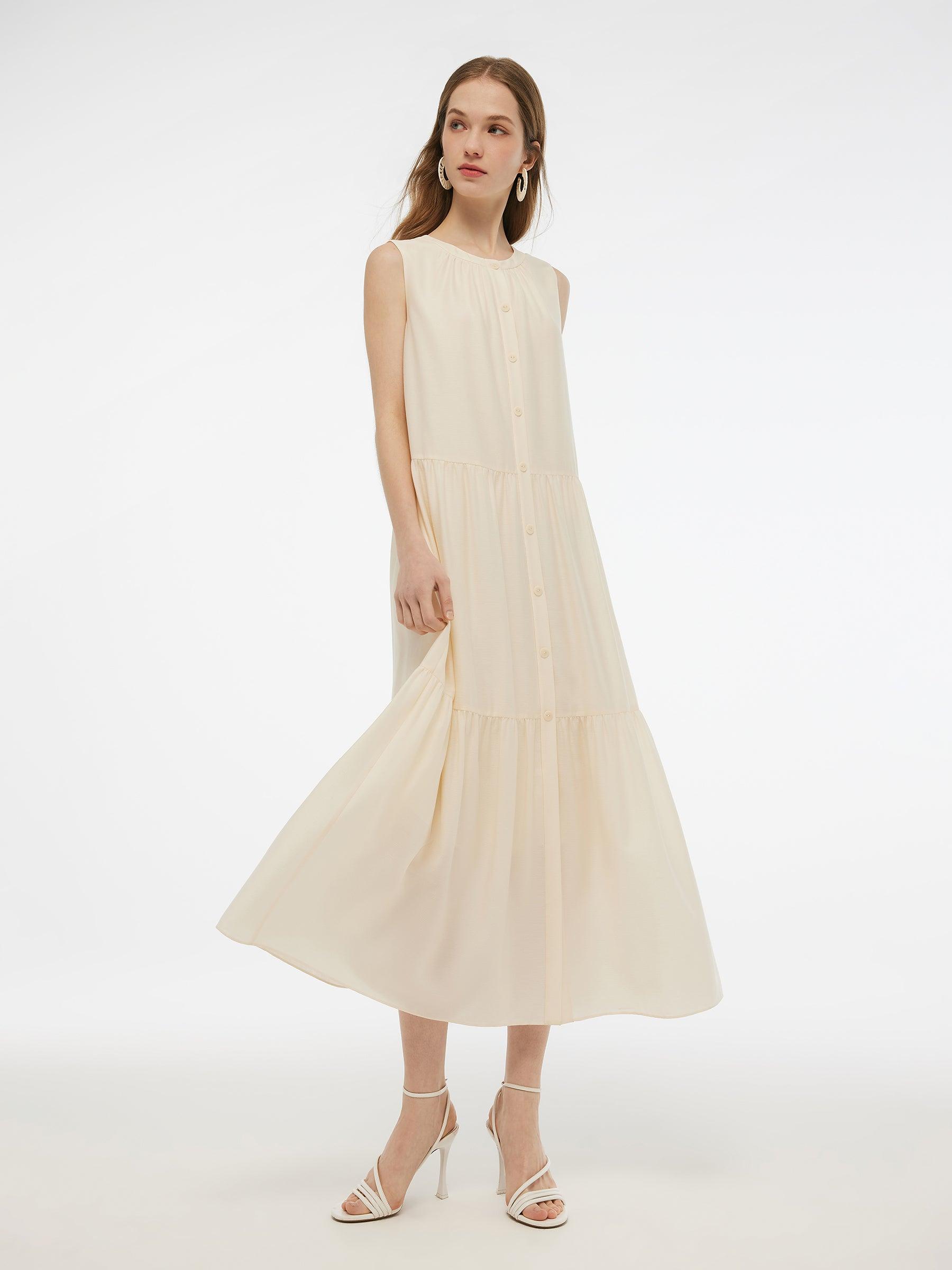 Acetate Blend Loose Fit Women A-Line Maxi Vest Dress With Belt Product Image