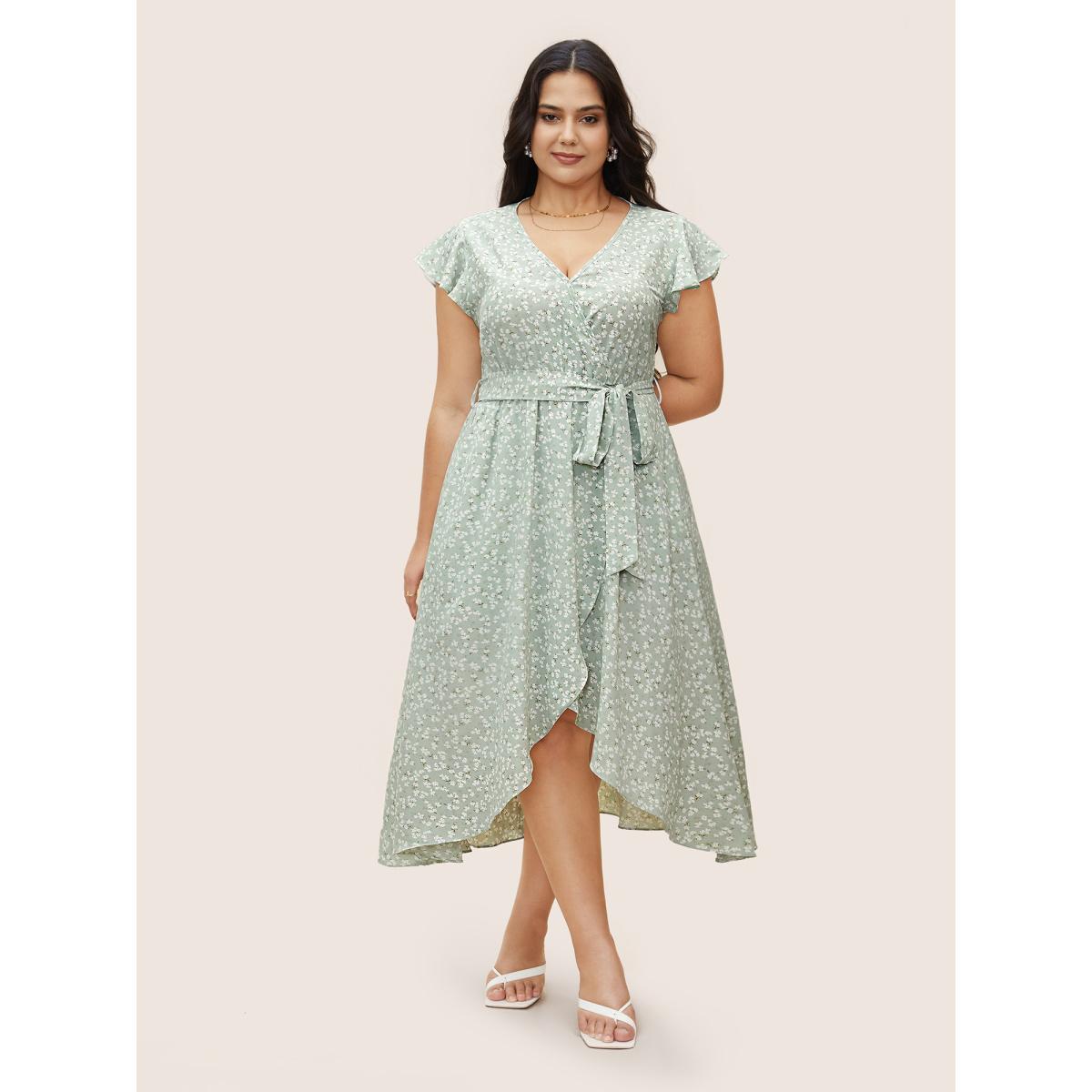 Plus Size Ditsy Floral Ruffle Cap Sleeve Belted Dress Mint Women Elegant Belted V-neck Cap Sleeve Curvy BloomChic 30/6X Product Image