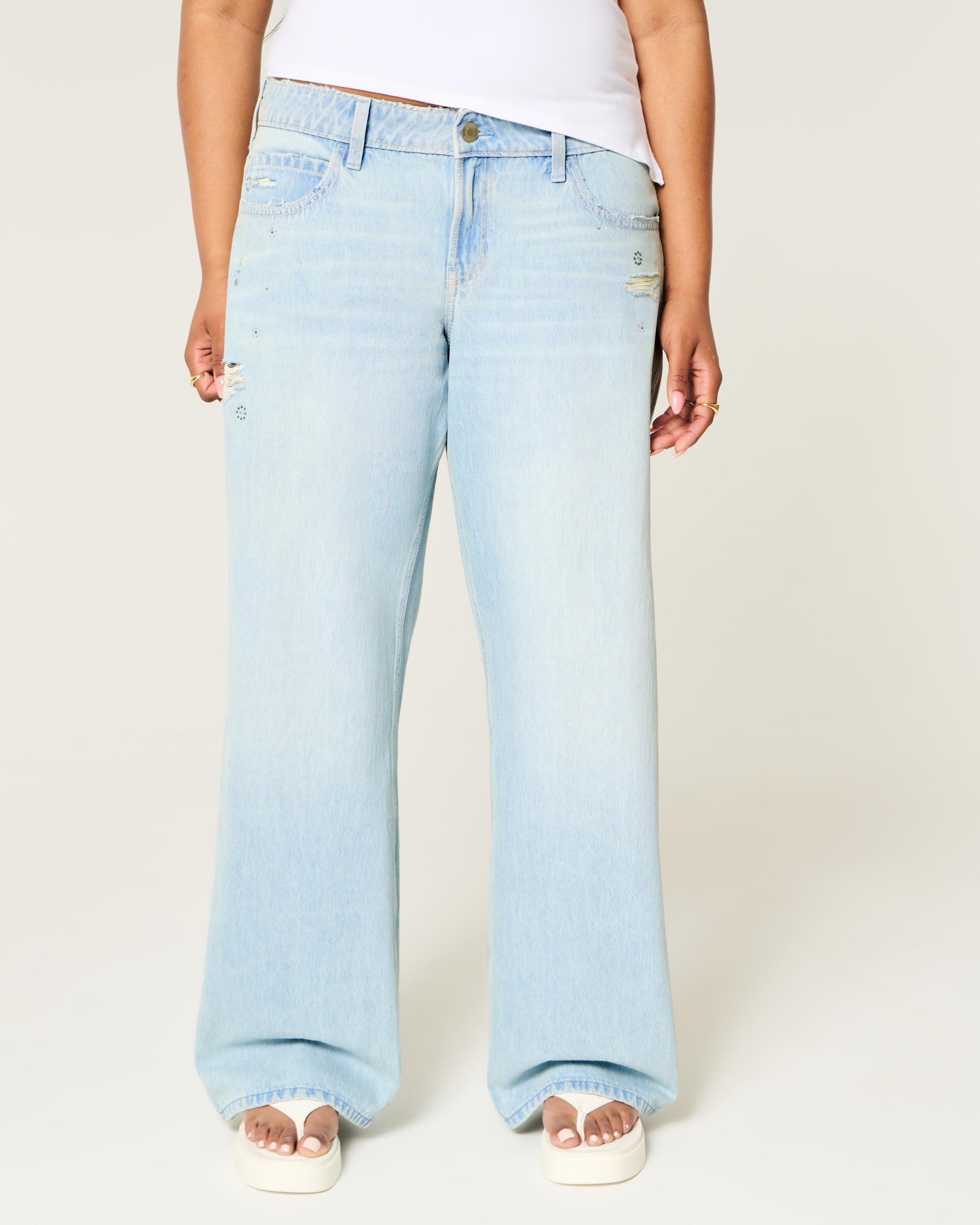 Low-Rise Distressed Light Wash Rhinestone Baggy Jeans Product Image