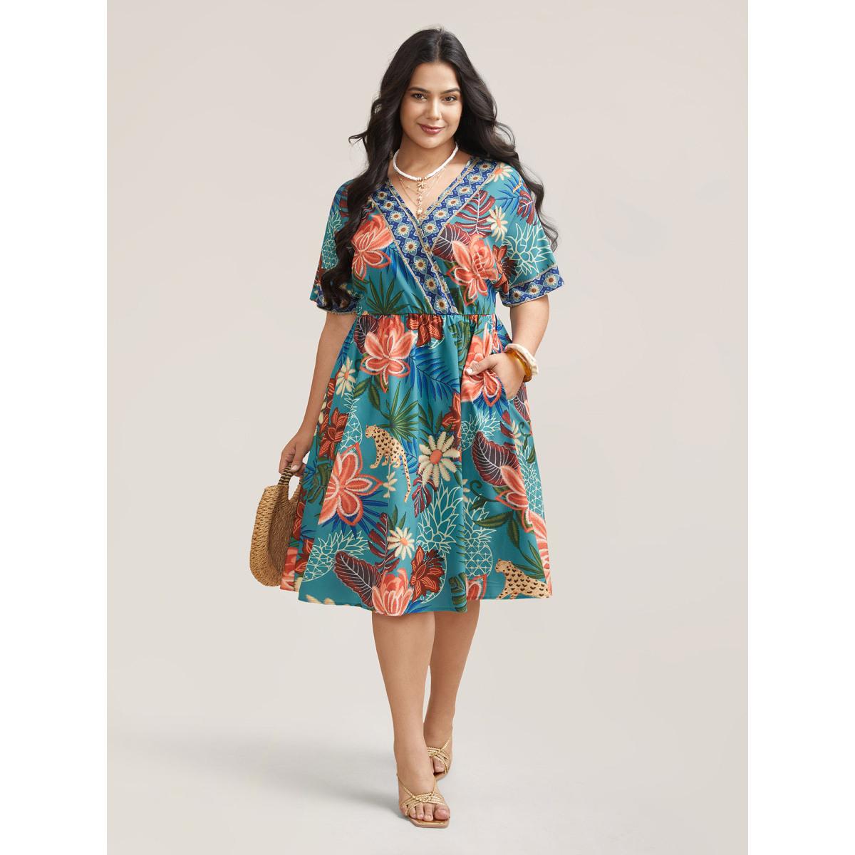 Plus Size Floral Print Surplice Neck Pockets Midi Dress Cerulean Women Resort Non Overlap Collar Short sleeve Curvy BloomChic 12/L Product Image