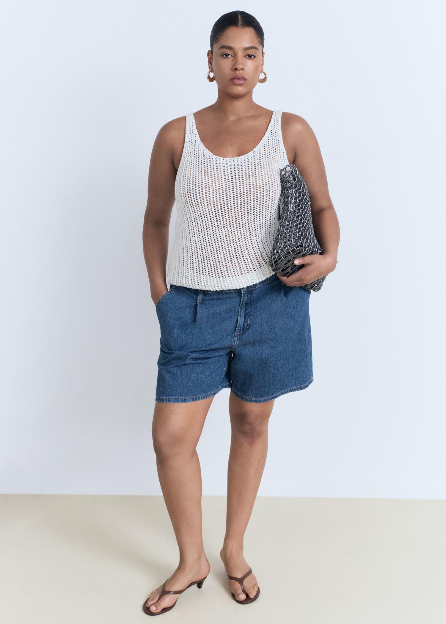 Mid-rise denim bermuda shorts with pleats - Women | MANGO USA Product Image