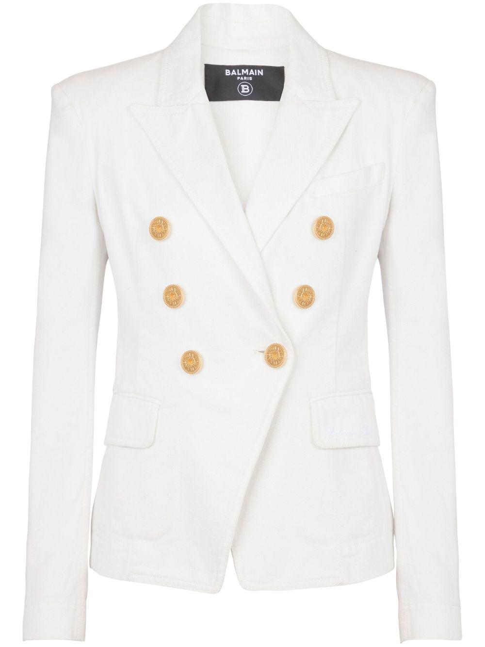 BALMAIN Double-breasted Structured Denim Blazer With Peak Lapel In White Product Image