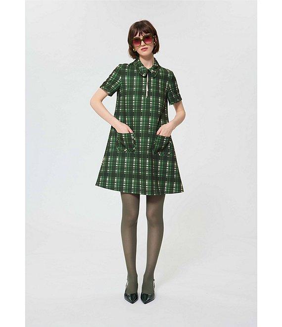 Tara Jarmon Rubina Plaid Print Point Collar Quarter Zip Short Sleeve A-Line Dress Product Image