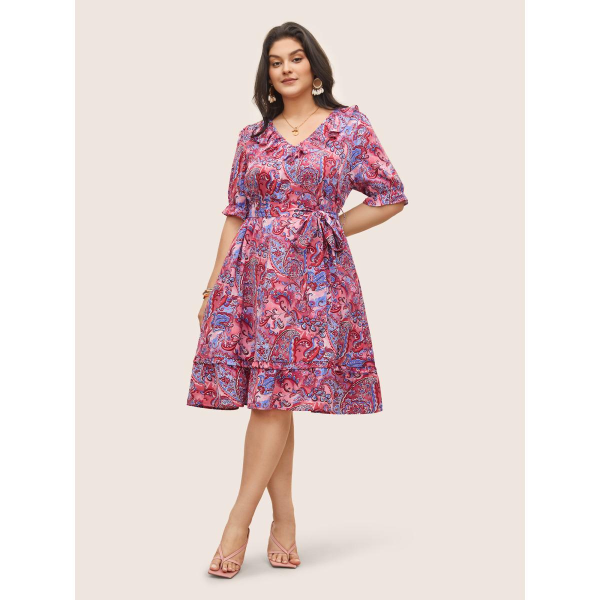 Plus Size Paisley Print Belted Ruffle Trim Dress Russet Women Resort Non V-neck Half Sleeve Curvy Midi Dress BloomChic 18-20/2X Product Image