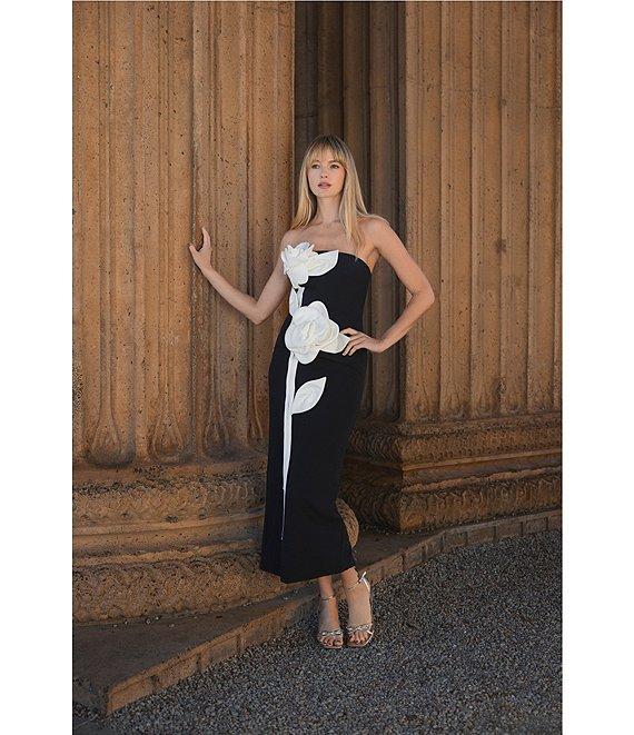 Mac Duggal Strapless 3D Satin Flowers Crepe Sheath Ankle Midi Dress Product Image