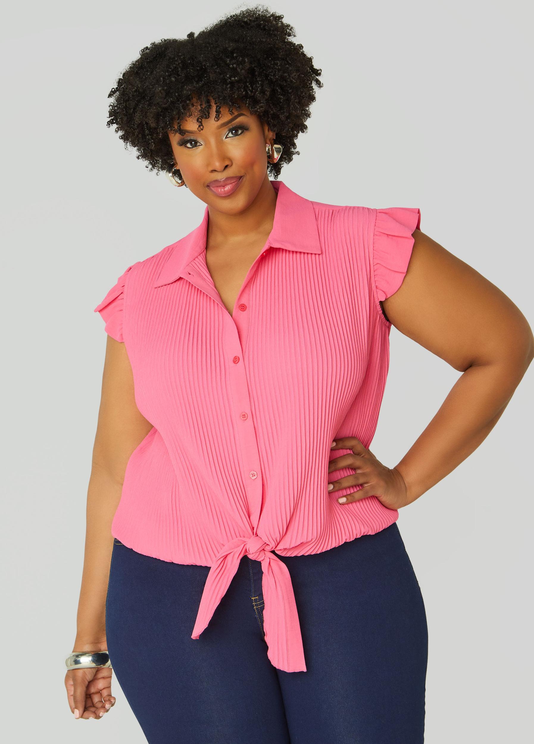 Plus Size Pleated Tie Front Shirt Ashley Stewart Product Image