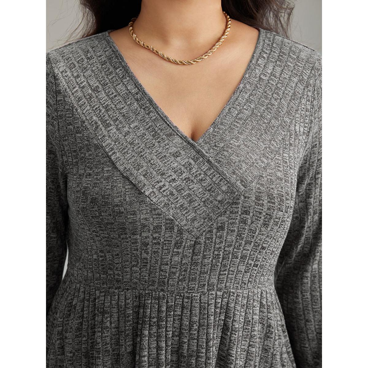 Plus Size Rib Knit Plain Plisse Long Sleeve Dress DarkGray Women Leisure Rib Knit V-neck Long Sleeve Curvy Midi Dress BloomChic 28/5X Product Image