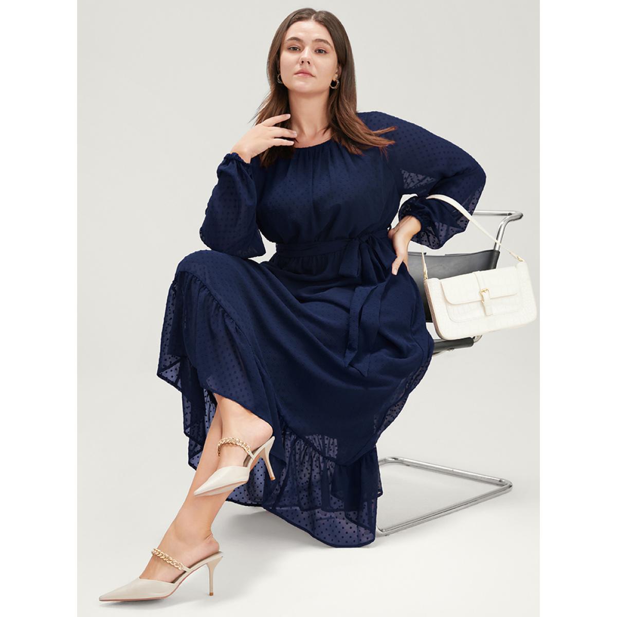 Plus Size Polka Dot Round Neck Pocket Lantern Sleeve Belted Flutter Dress Indigo Women Party Round Neck Long Sleeve Curvy Midi Dress BloomChic 18-20/2X Product Image
