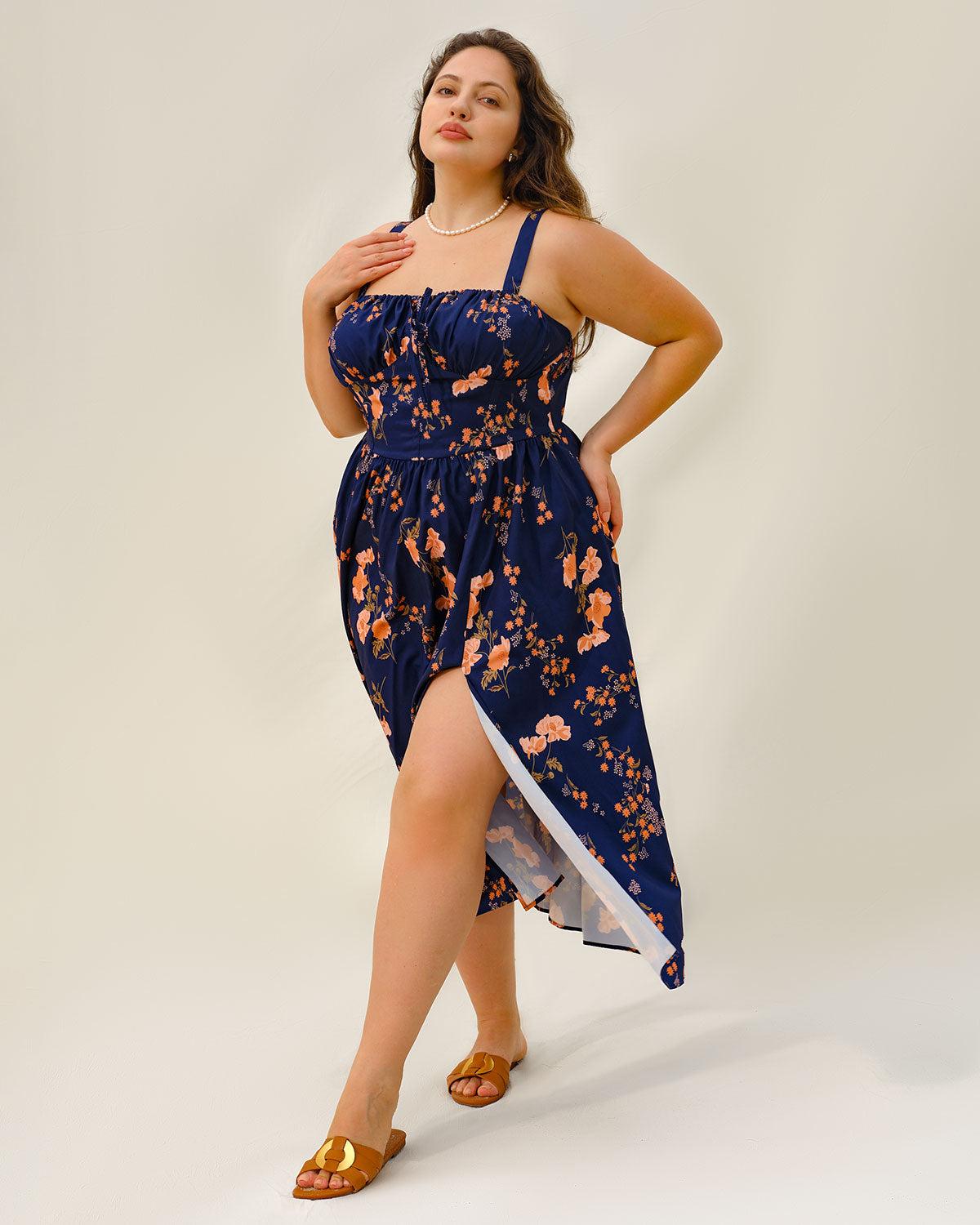 Navy Floral Ruched Plus Size Slip Midi Dress Product Image
