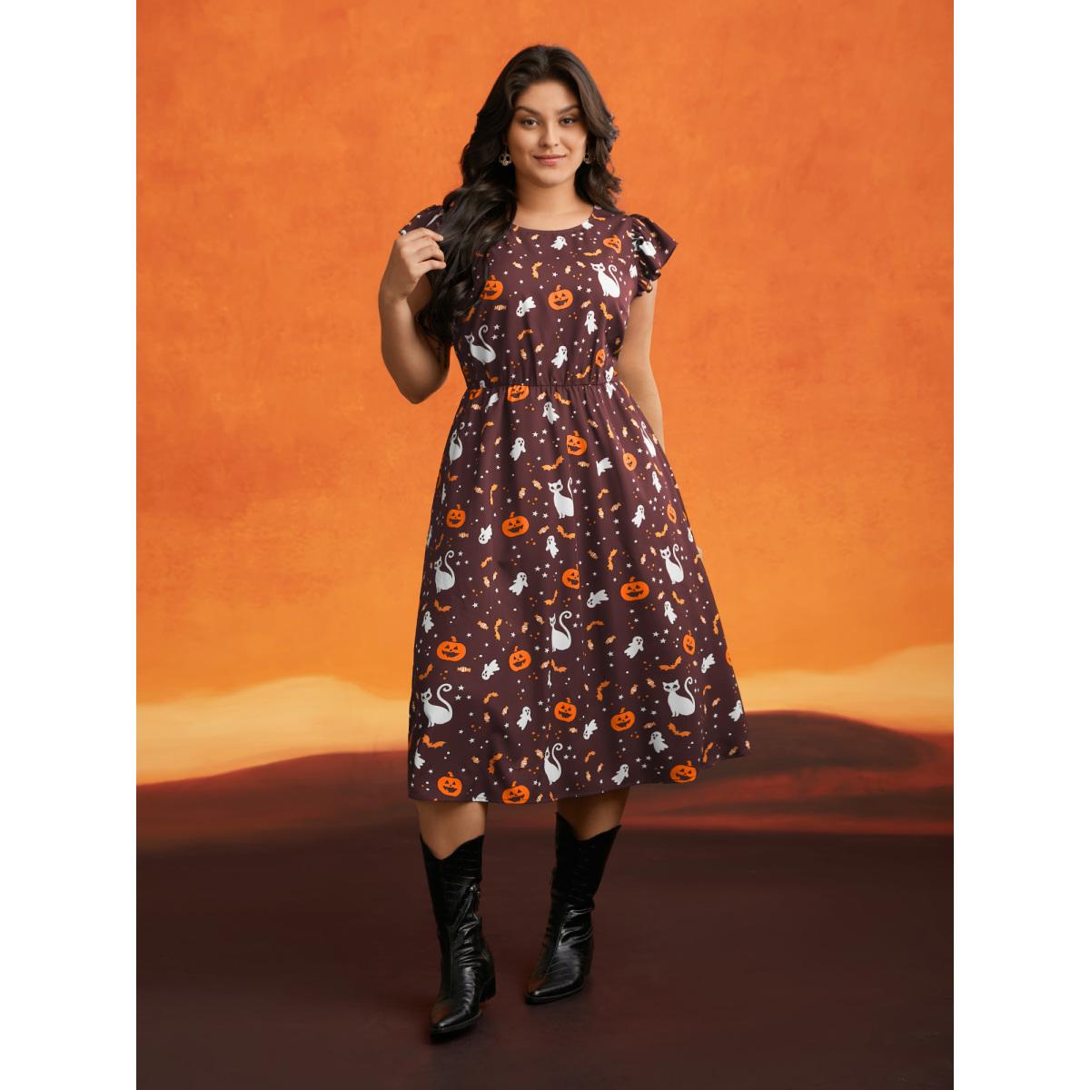 Plus Size Pumpkin Printed Ruffle Sleeves Midi Dress Deepred Women Playful Ruffles Party Curvy Bloomchic 14-16/1X Product Image