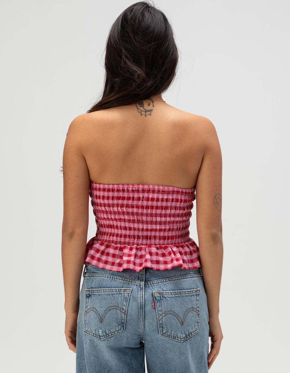 FULL TILT Smocked Plaid Peplum Tube Top - RED COMBO Product Image
