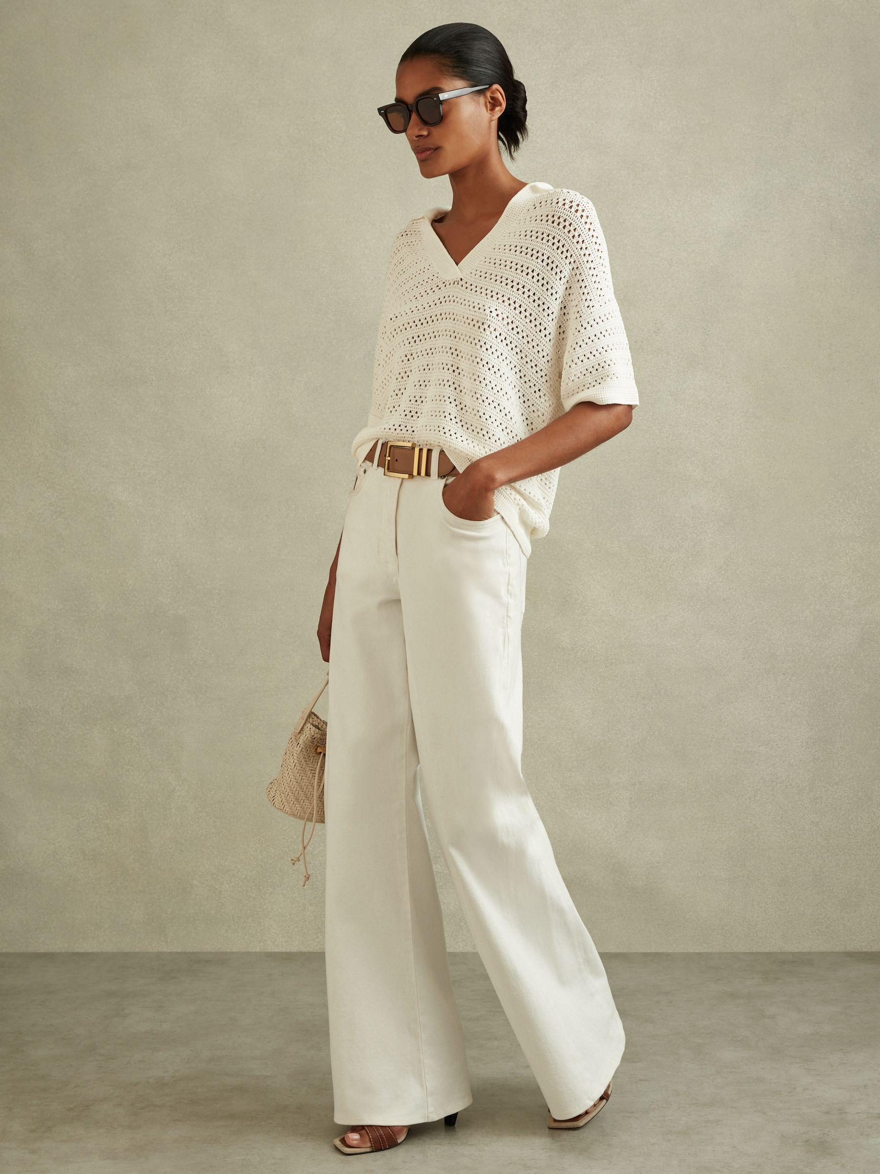 Knitted Open-Collar Polo Shirt in Ivory Product Image