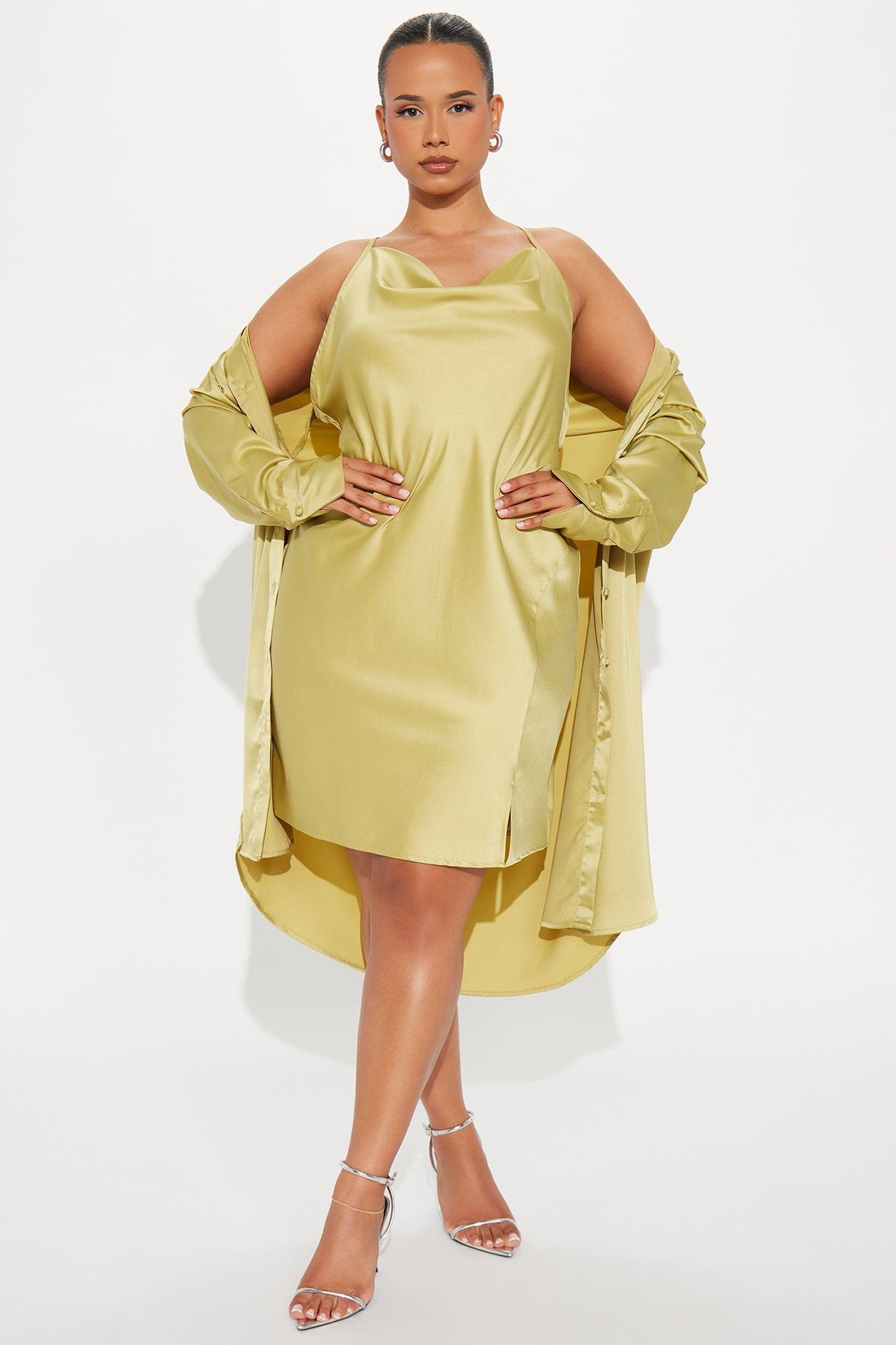 Adria Satin Mini Dress Set - Chartreuse Product Image