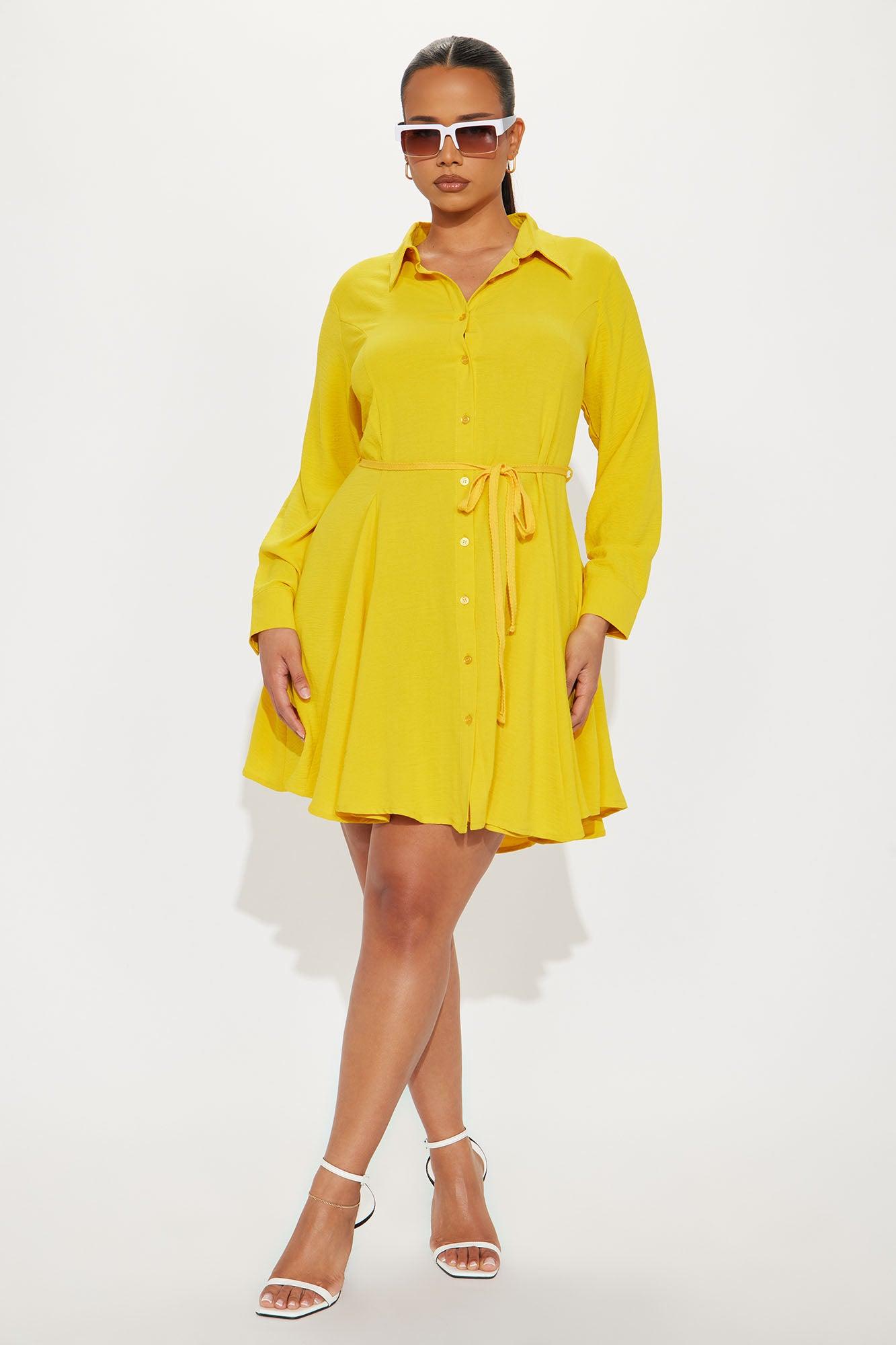 Gloria Tie Waist Mini Shirt Dress - Mustard Product Image
