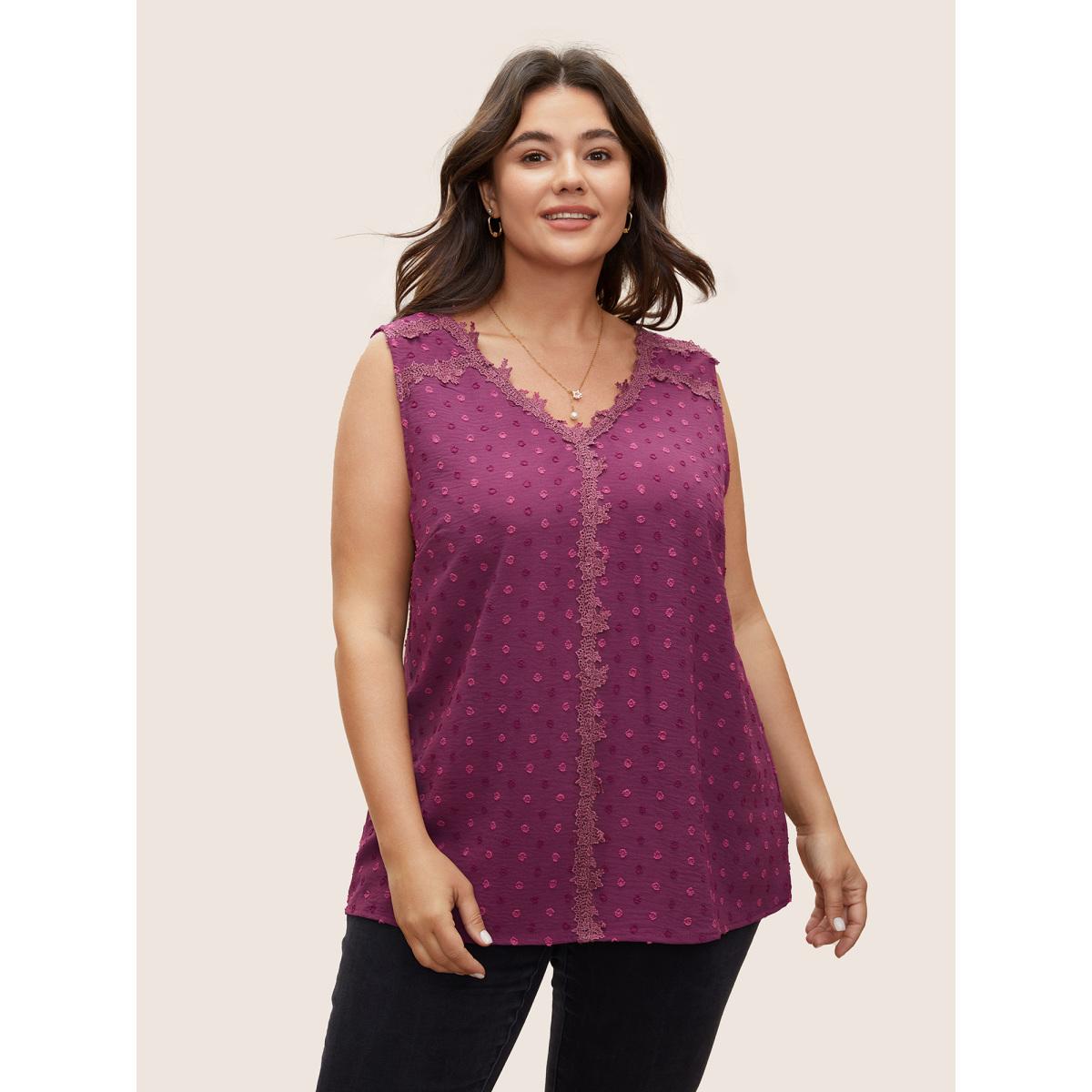 Plus Size Solid V Neck Lace Panel Textured Tank Top Women Purple Elegant Texture Work Tank Tops Camis BloomChic 12/L Product Image