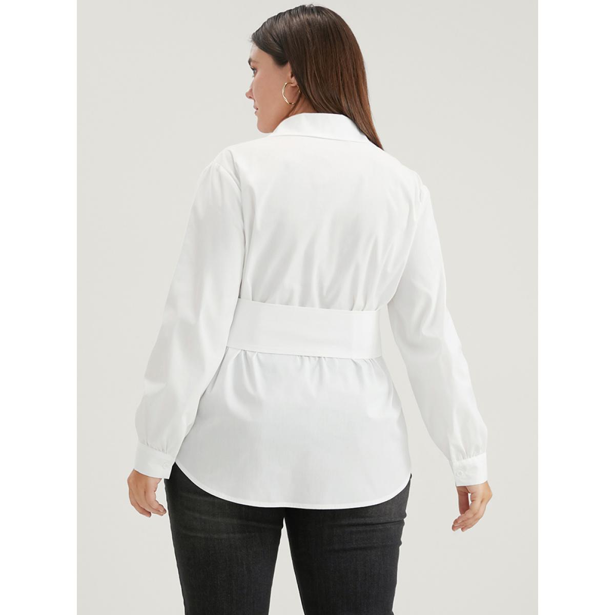 Plus Size WhiteSmoke Solid Button Up Belted Lapel Collar Blouse Women Office Long Sleeve Lapel Collar Work Blouses BloomChic 14-16/1X Product Image