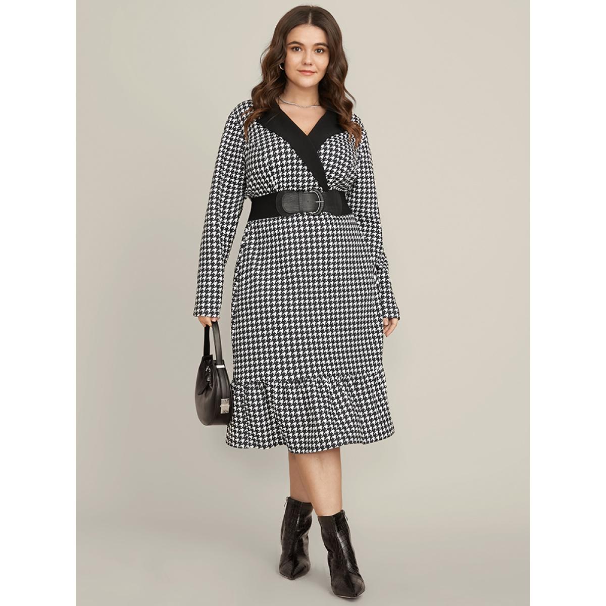 Plus Size Contrast Trim Suit Collar Pocket Ruffle Hem Houndstooth Dress Black Women Office Patchwork Suit Collar Long Sleeve Curvy Midi Dress BloomChic 14-16/1X Product Image