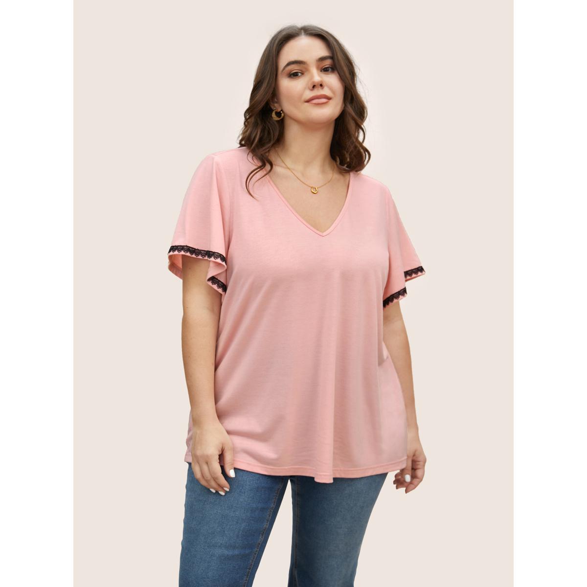 Plus Size V Neck Contrast Lace Flutter Sleeve T-shirt Nudepink Women Casual Contrast V-neck Everyday T-shirts BloomChic 18-20/2X Product Image