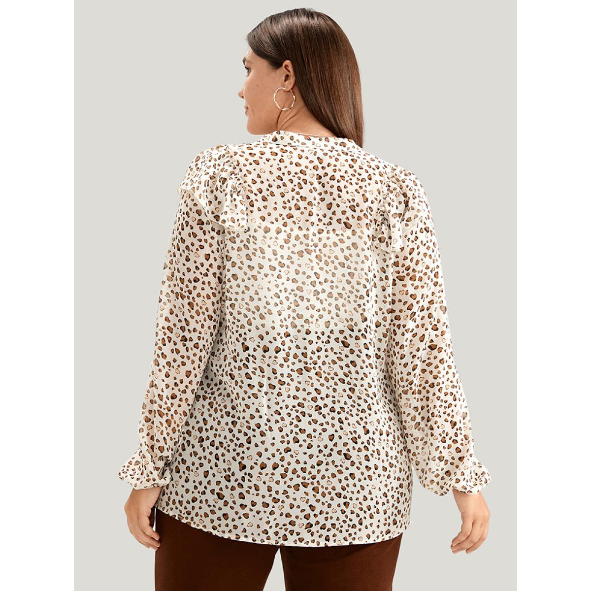 Plus Size Apricot Leopard Mesh Ruffle Trim Button Up Blouse Women Office Long Sleeve Lapel Collar Office Blouses BloomChic 12/L Product Image