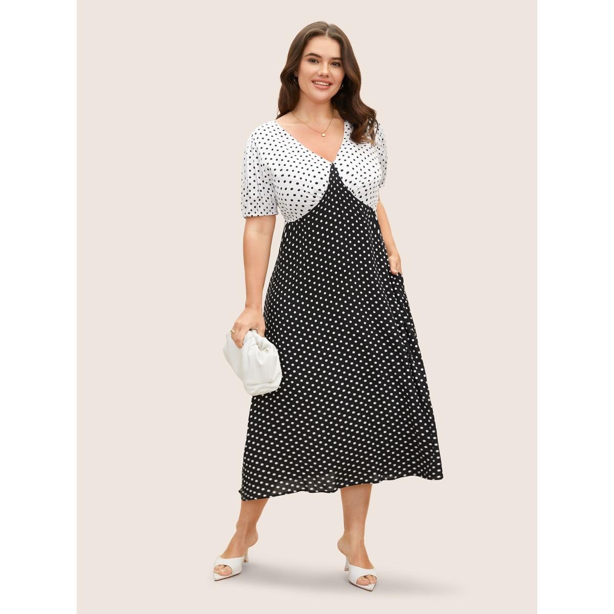 Plus Size Polka Dot Contrast Lantern Sleeve Midi Dress Black Women At the Office Contrast V-neck Short sleeve Curvy BloomChic 12/L Product Image