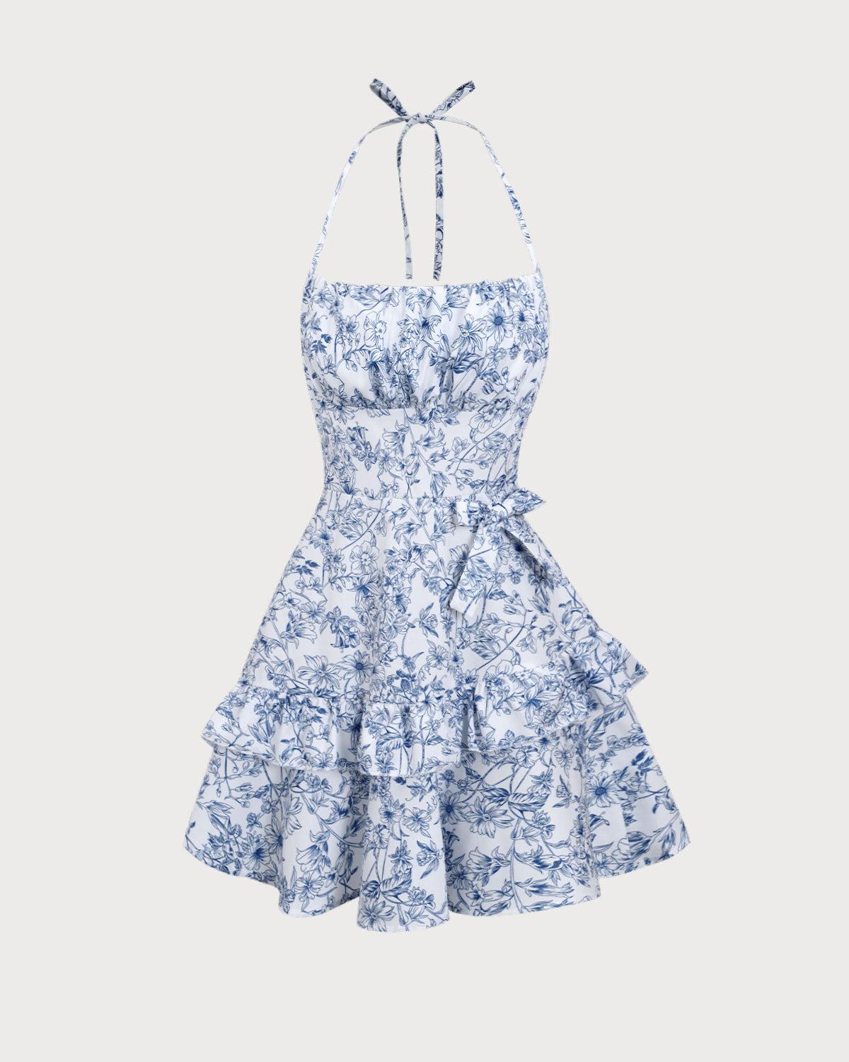 Blue Floral Tiered Halter Mini Dress Product Image