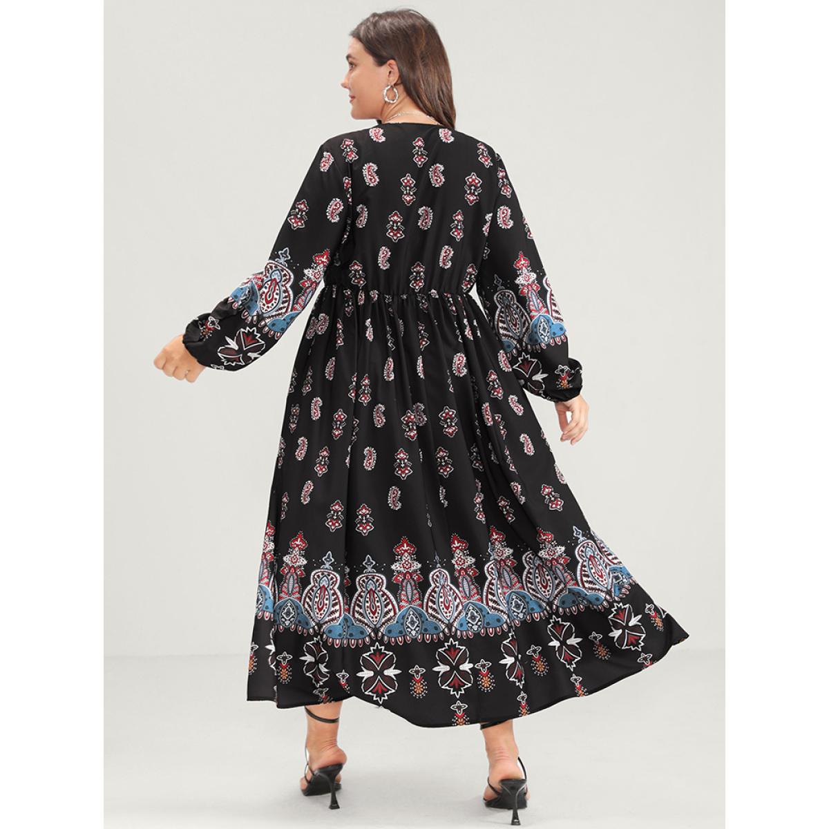Plus Size Paisley Pocket Split Wrap Maxi Dress Black Women Vacation Pocket V-neck Long Sleeve Curvy Long Dress BloomChic 22-24/3X Product Image