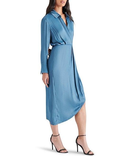 Steve Madden Martina Washed Satin Long Sleeve Collared V Neck Asymmetrical Hem Shirt Dress Product Image