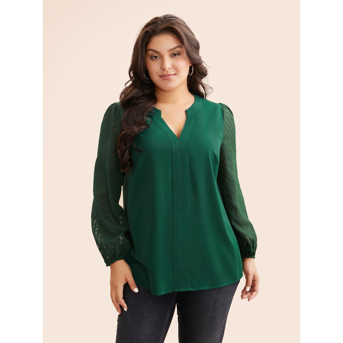 Plus Size DarkGreen Solid Textured Notched Collar Pleated Blouse Women Elegant Long Sleeve Flat collar with V-notch Everyday Blouses BloomChic 26/4X Product Image