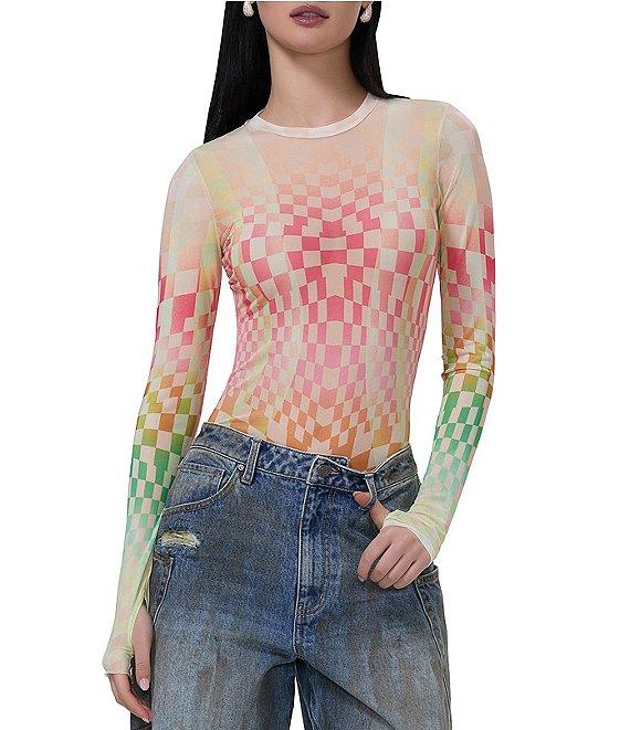 AFRM Kaylee Mesh Geometric Print Crew Neck Long Sleeve Top Product Image