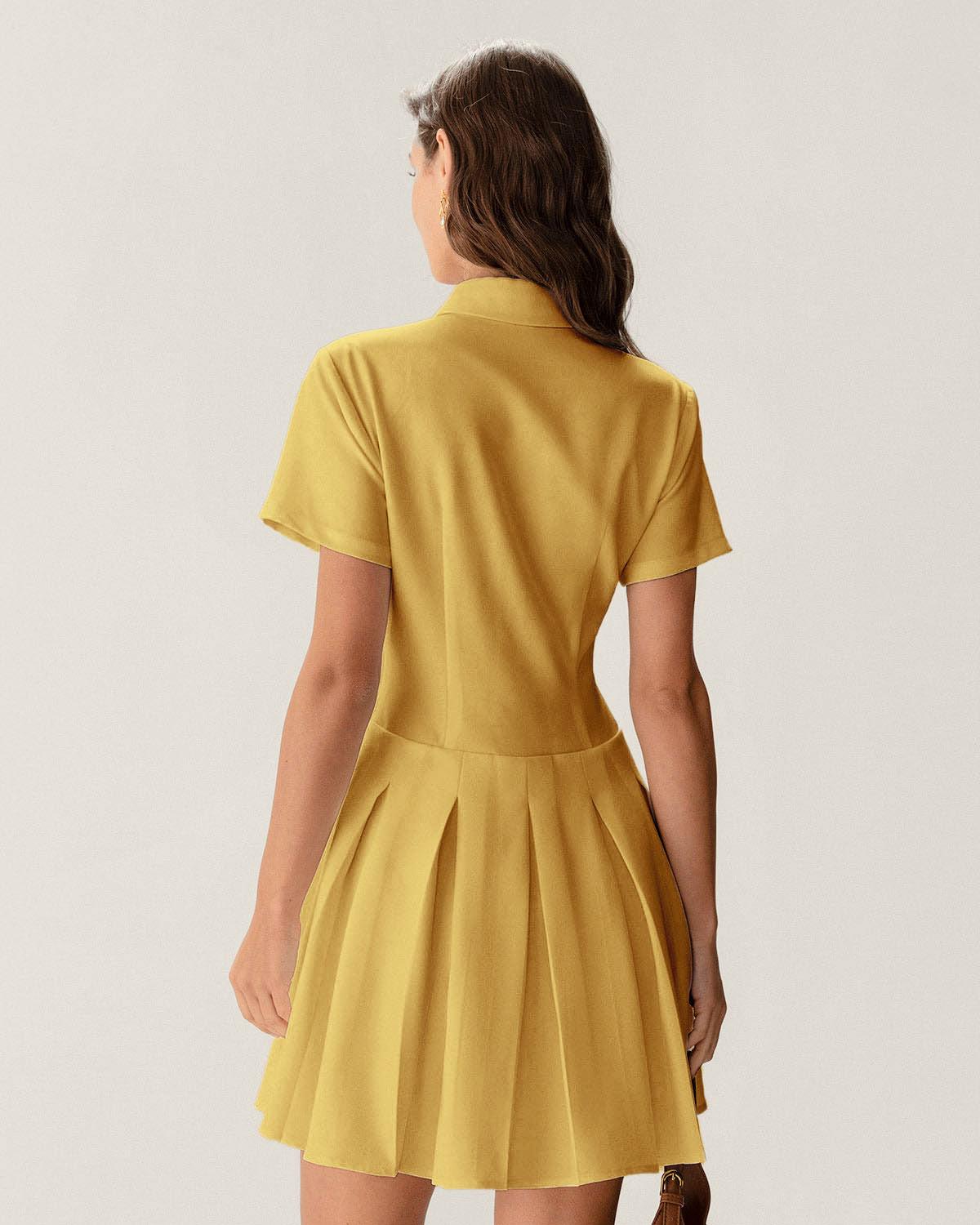 Yellow Button Pleated Mini Dress Product Image