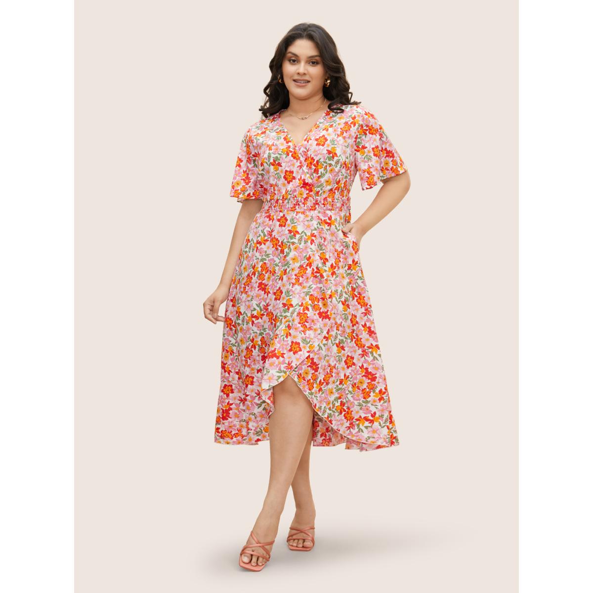 Plus Size Floral Shirred Wrap Hem Ruffle Sleeve Midi Dress Blush Women Elegant Shirred Overlap Collar Short sleeve Curvy BloomChic 26/4X Product Image