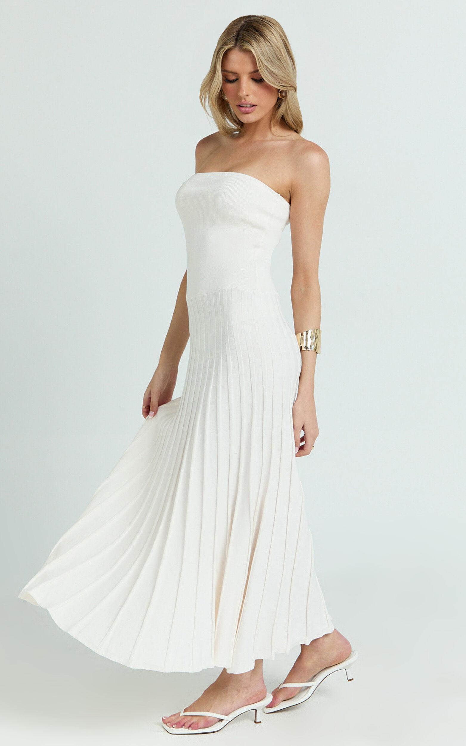 Paris Midi Dress - Strapless Drop Waist Pleated Knit Dress in White Product Image