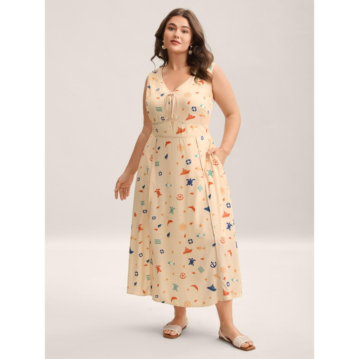 Plus Size Rayon Ocean Print Cinched Waist Midi Dress Tan Women V-neck Sleeveless Curvy BloomChic 26/4X Product Image