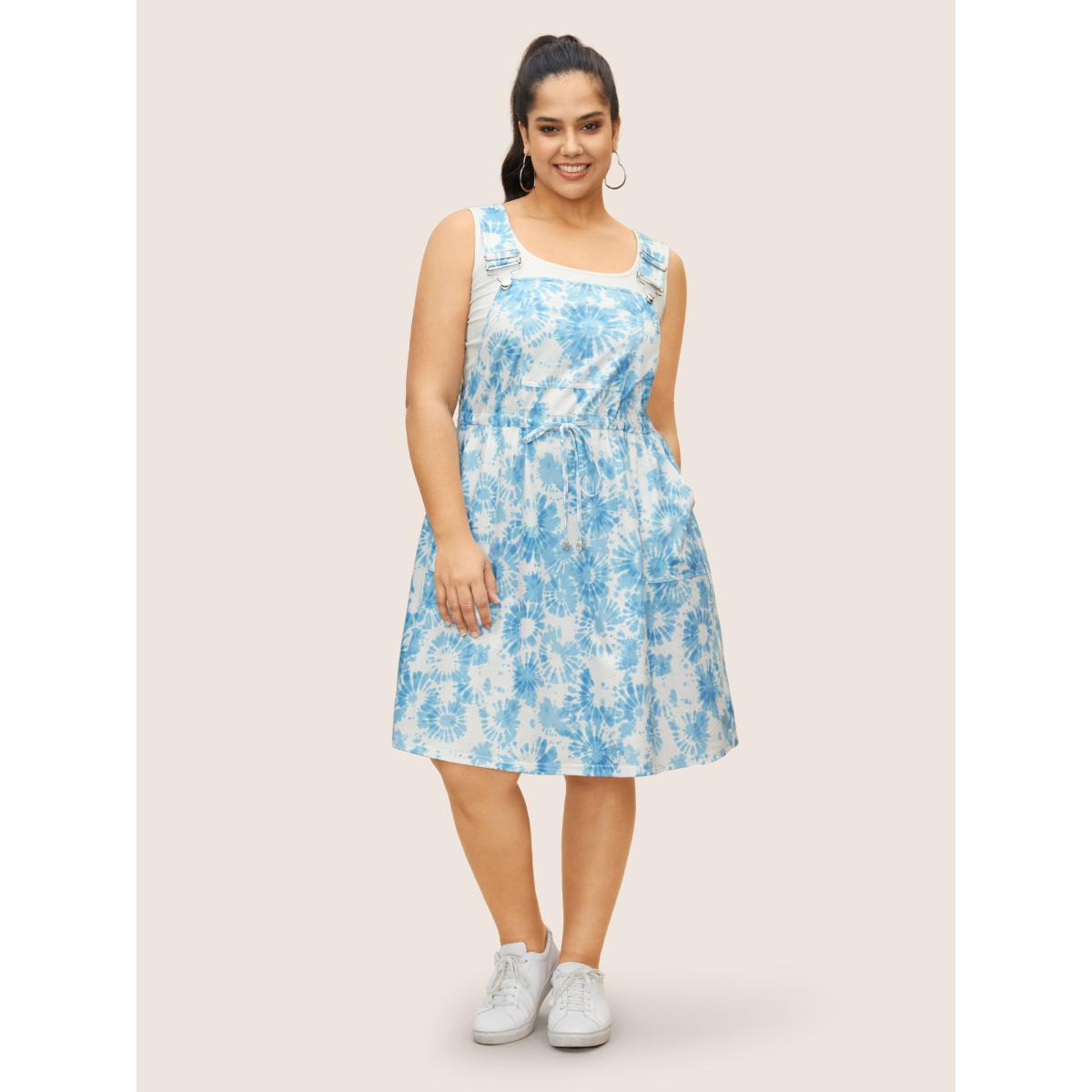 Plus Size Tie Dye Floral Drawstring Pocket Dress Stone Women Casual Drawstring Non Sleeveless Curvy BloomChic 26/4X Product Image