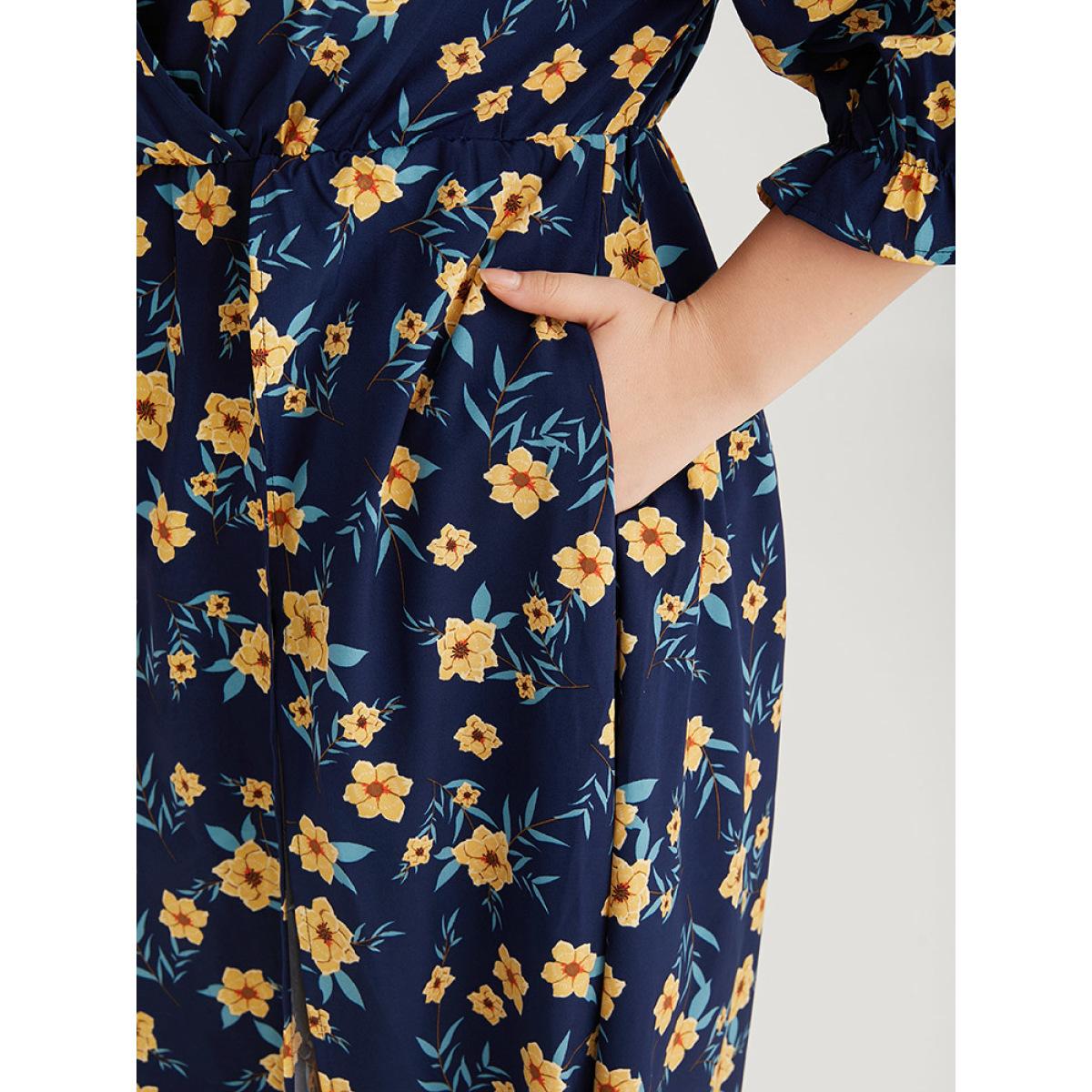 Plus Size Indigo Floral Print Pocket V Neck Wrap Split Hem Jumpsuit Women Elegant Half Sleeve V-neck Dailywear Loose Jumpsuits BloomChic 14-16/1X Product Image
