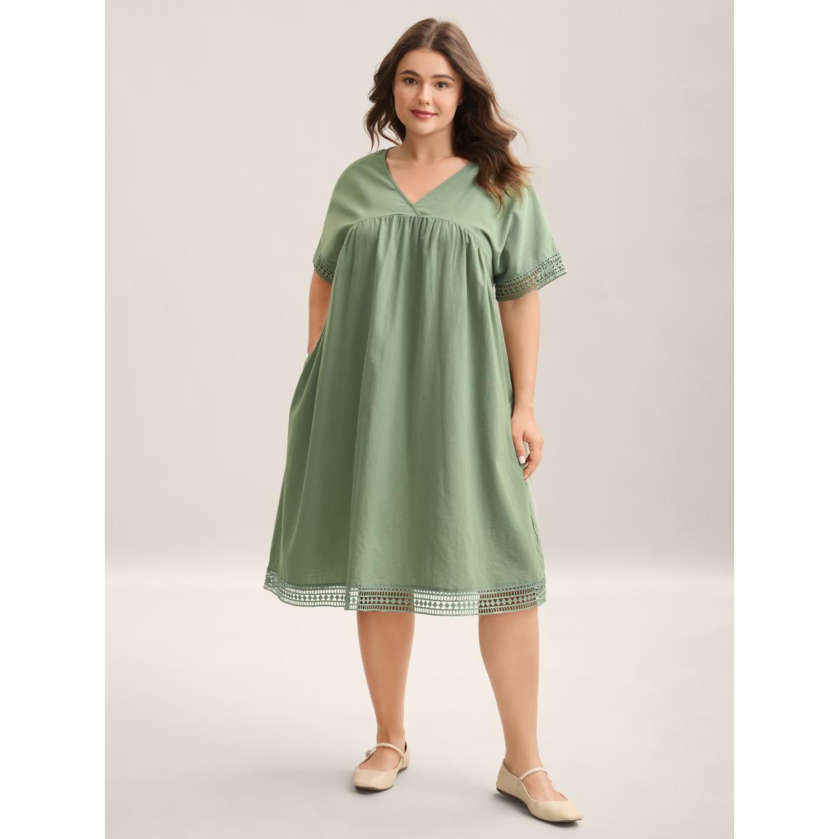 Plus Size Pure Cotton Lace Trim Sleeve Midi Dress Sage Women V-neck Short sleeve Curvy BloomChic 14-16/1X Product Image