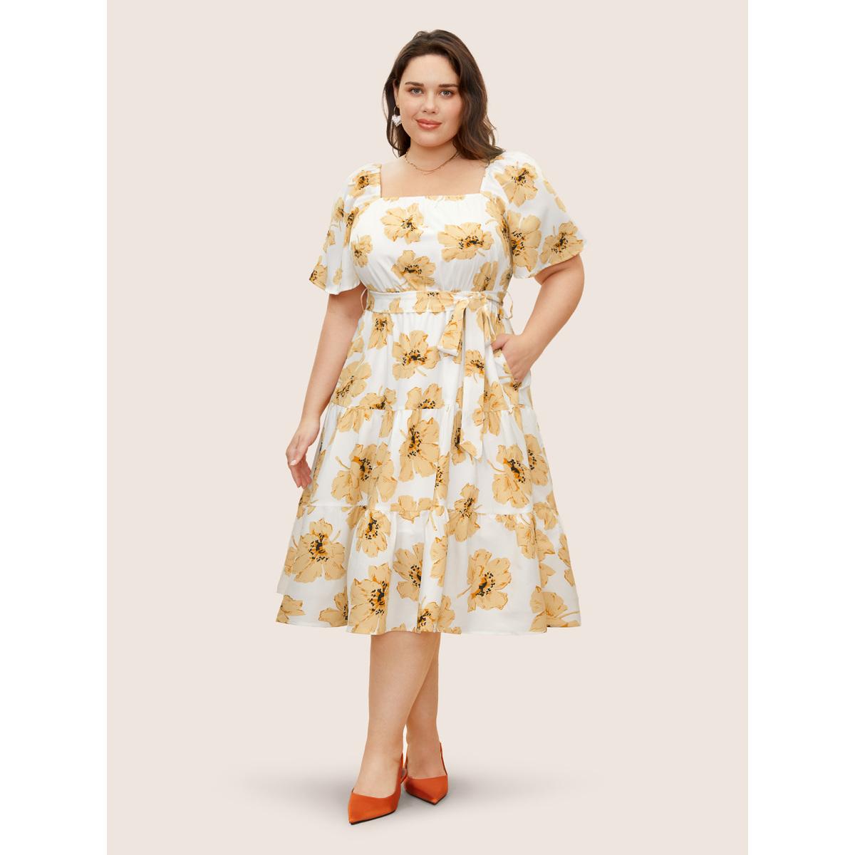 Plus Size Square Neck Floral Raglan Sleeve Belted Dress Yellow Women Elegant Belted Square Neck Short sleeve Curvy BloomChic 14-16/1X Product Image