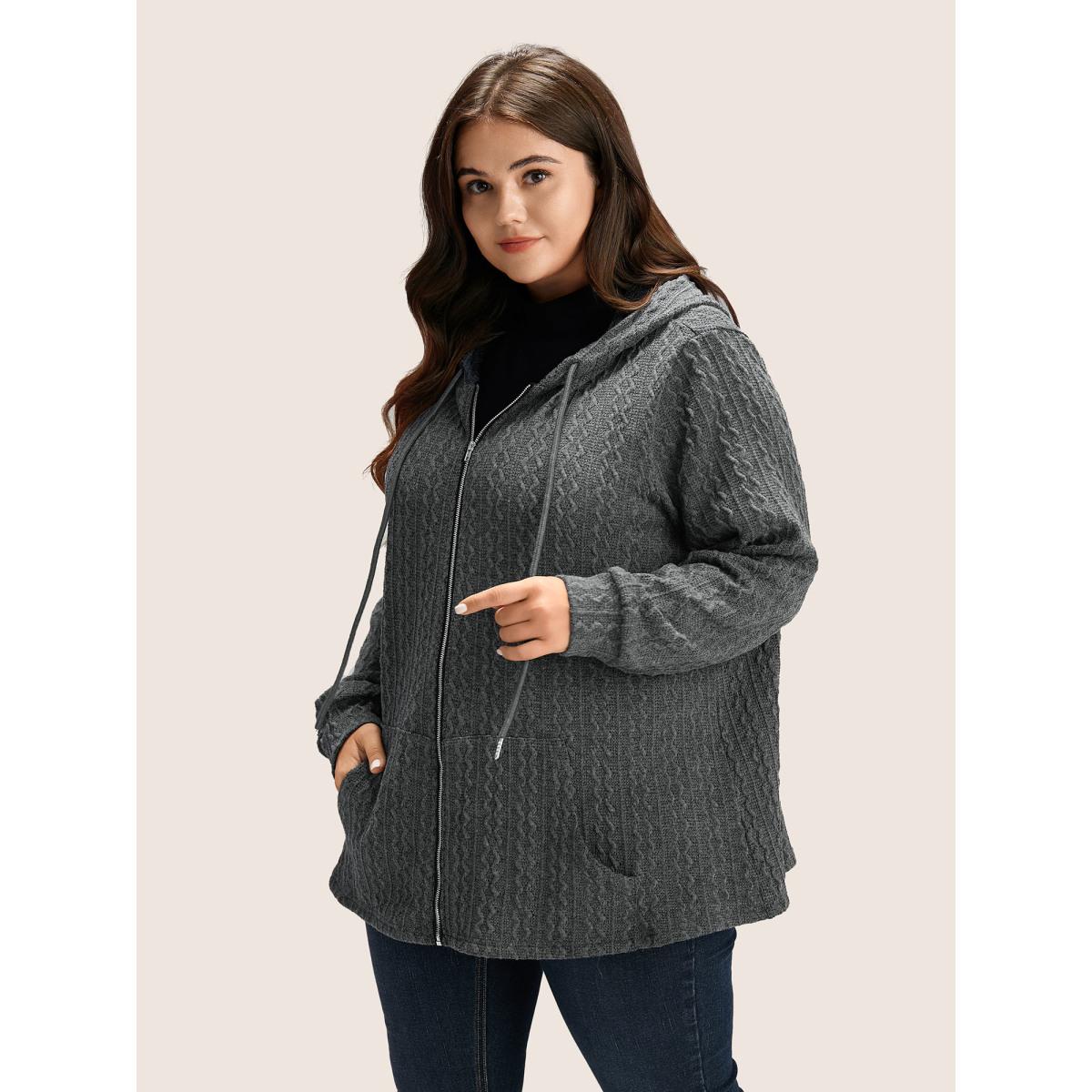 Plus Size Plain Textured Zipper Hooded Sweatshirt Women DimGray Casual Non Hooded Everyday Sweatshirts BloomChic 10/M Product Image