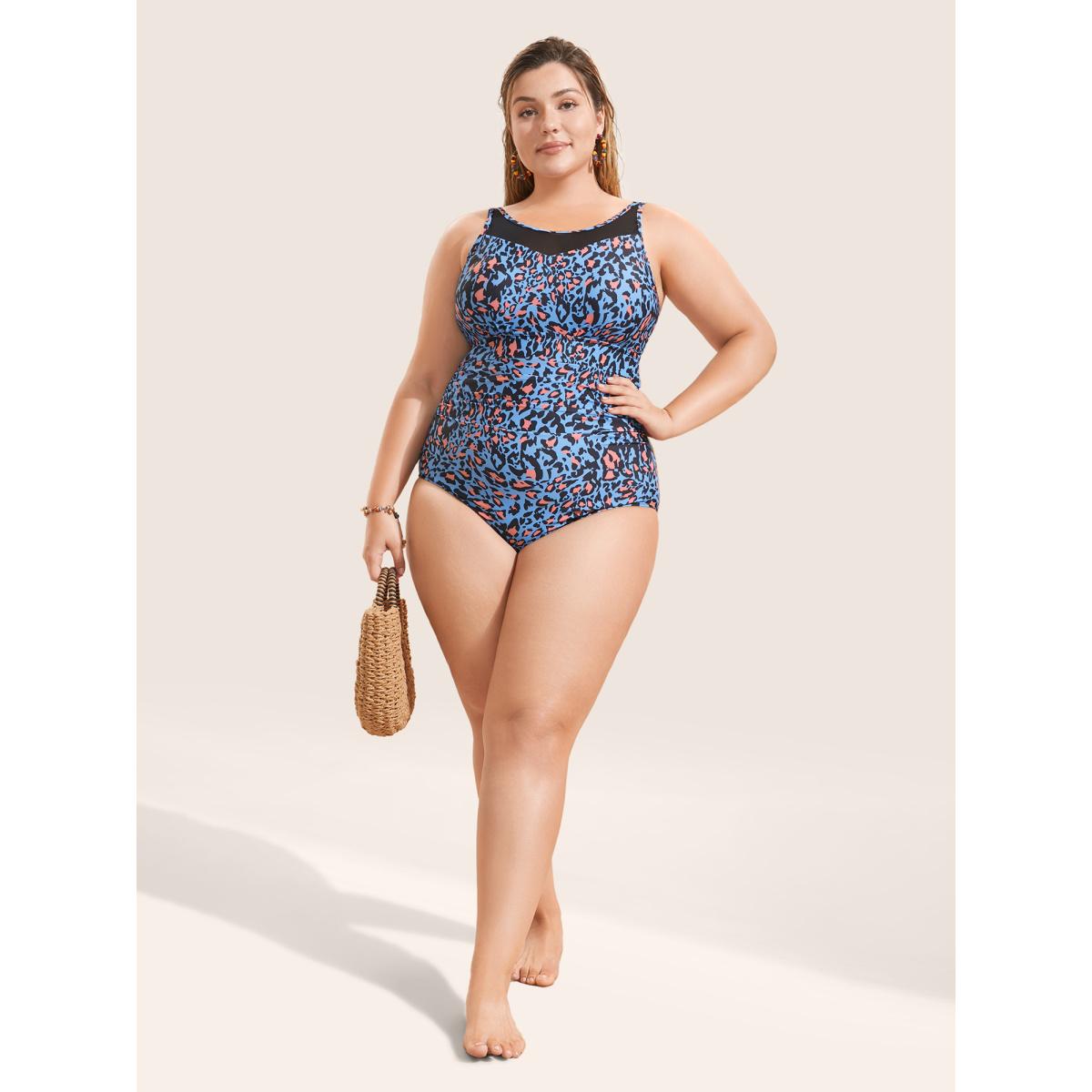 Plus Size Leopard Print Gathered See Through One Piece Swimsuit Women's Swimwear Cerulean Beach Gathered Curve Bathing Suits High stretch One Pieces BloomChic 22-24/3X Product Image