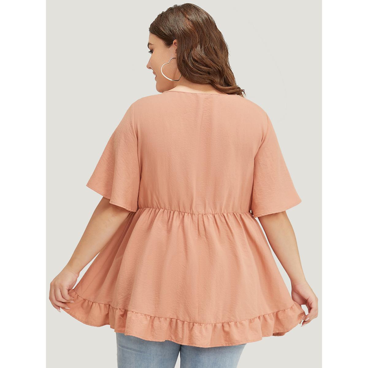 Plus Size Coral Solid Contrast Lace Fringe Trim Flutter Hem Blouse Women Vacation Short sleeve Round Neck Dailywear Blouses BloomChic 12/L Product Image