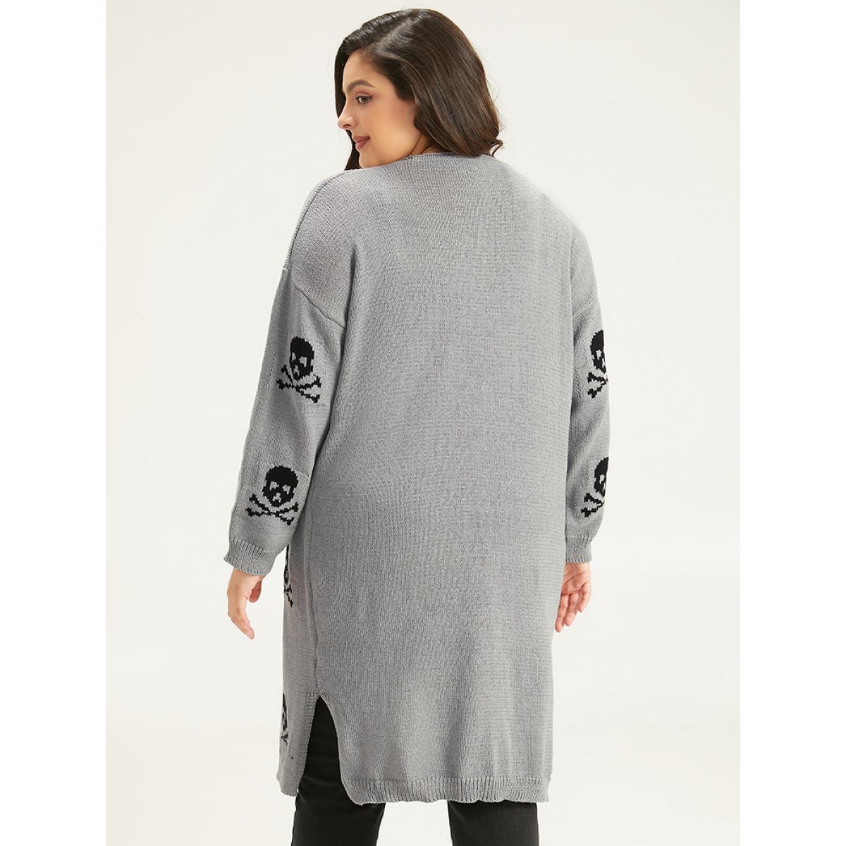 Plus Size Halloween Skull Print Split Side Drop Shoulder Maxi Cardigan Gray Women Casual Loose Long Sleeve Festival-Halloween Cardigans BloomChic 14-16/1X Product Image